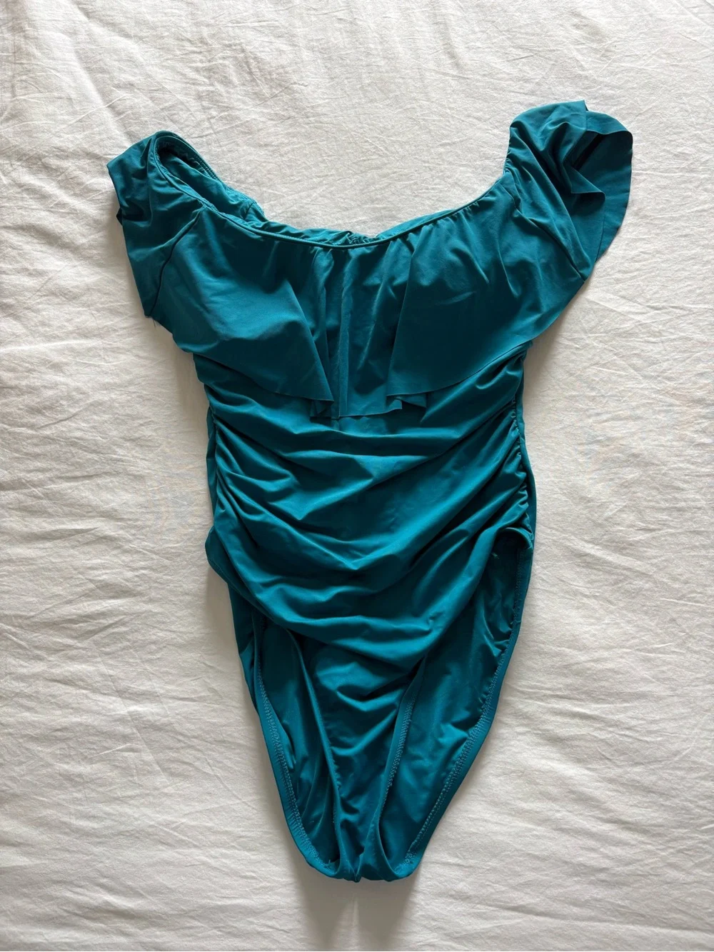 La Blanca Off The Shoulder Ruffle One Piece Swimsuit Teal Ruched Corset Back 8 - Picture 2 of 8